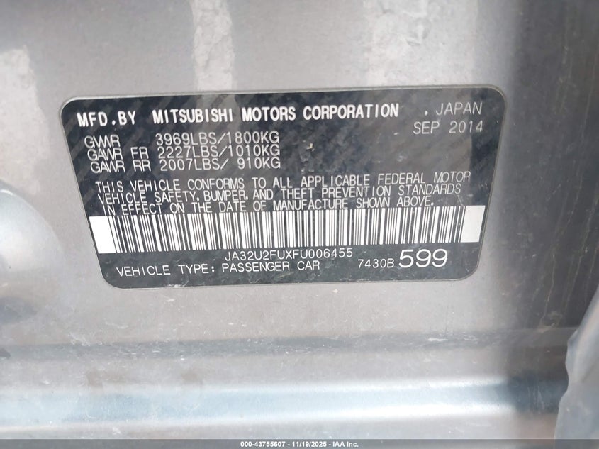 2015 Mitsubishi Lancer Es VIN: JA32U2FUXFU006455 Lot: 43755607
