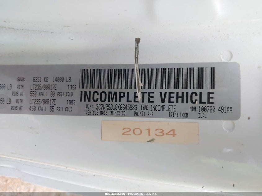 2019 Ram 3500 Chassis Tradesman/Slt VIN: 3C7WRSBJ8KG645983 Lot: 43755606