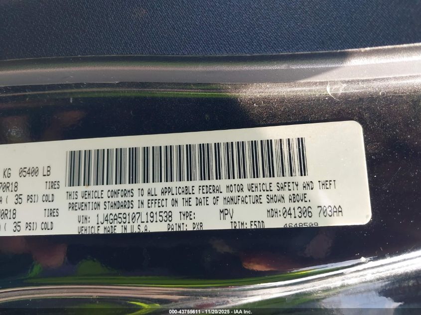 2007 Jeep Wrangler Unlimited Sahara VIN: 1J4GA59107L191538 Lot: 43755611
