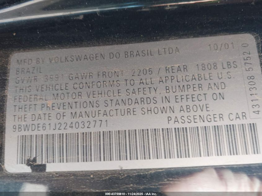 2002 Volkswagen Gti 1.8L VIN: 9BWDE61J224032771 Lot: 43755618