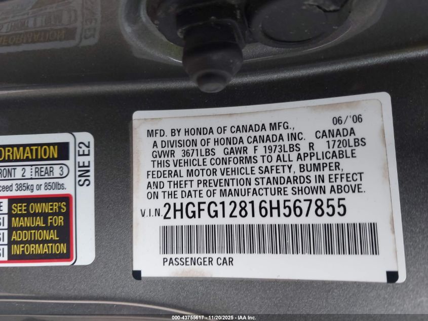 2006 Honda Civic Ex VIN: 2HGFG12816H567855 Lot: 43755617