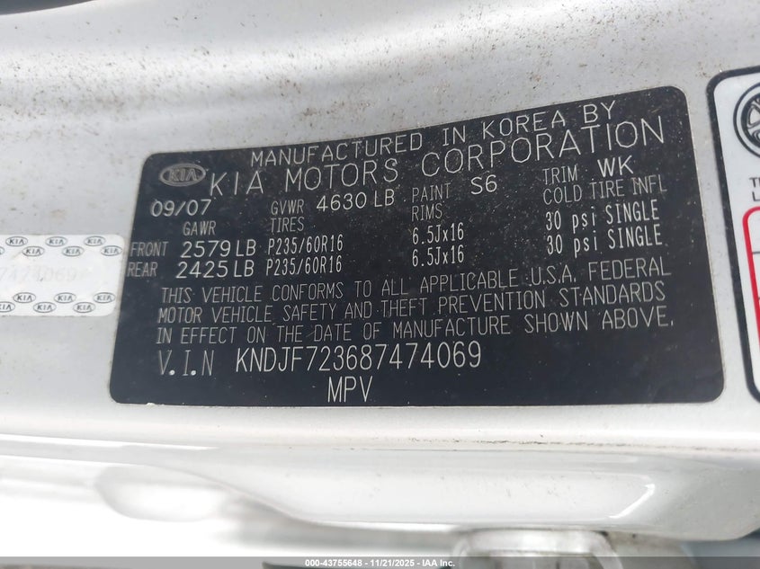 2008 Kia Sportage Lx V6 VIN: KNDJF723687474069 Lot: 43755648