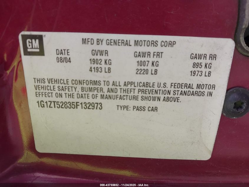 2005 Chevrolet Malibu Ls VIN: 1G1ZT52835F132973 Lot: 43755652