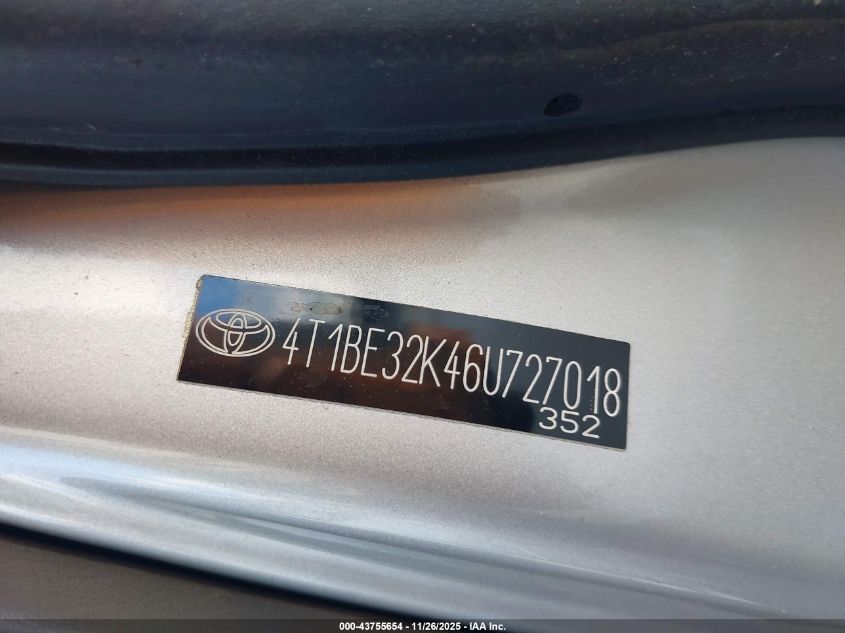 2006 Toyota Camry Std VIN: 4T1BE32K46U727018 Lot: 43755654