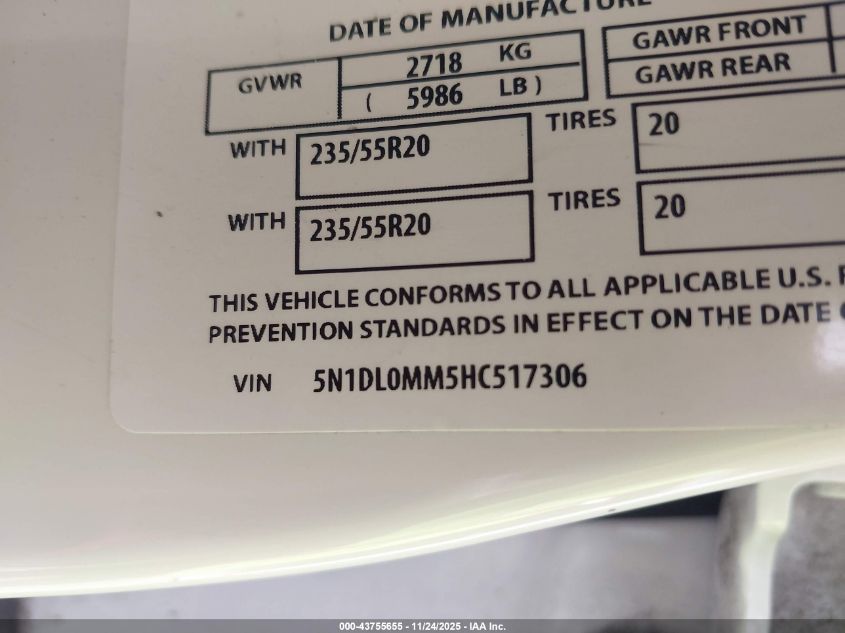 2017 Infiniti Qx60 VIN: 5N1DL0MM5HC517306 Lot: 43755655