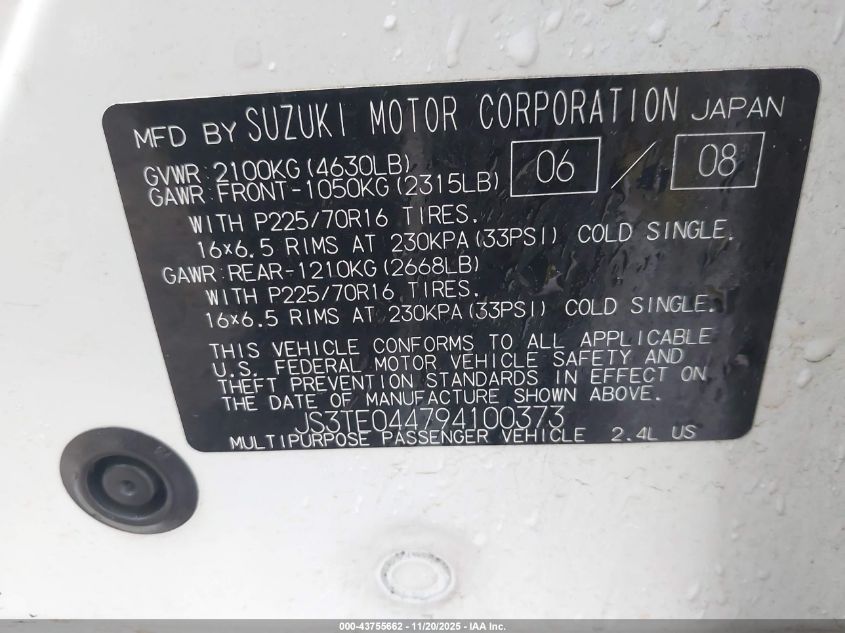 2009 Suzuki Grand Vitara Xsport VIN: JS3TE044794100373 Lot: 43755662