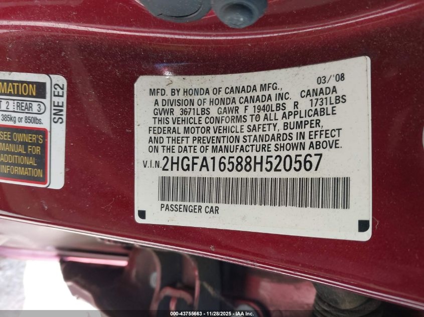2008 Honda Civic Lx VIN: 2HGFA16588H520567 Lot: 43755663