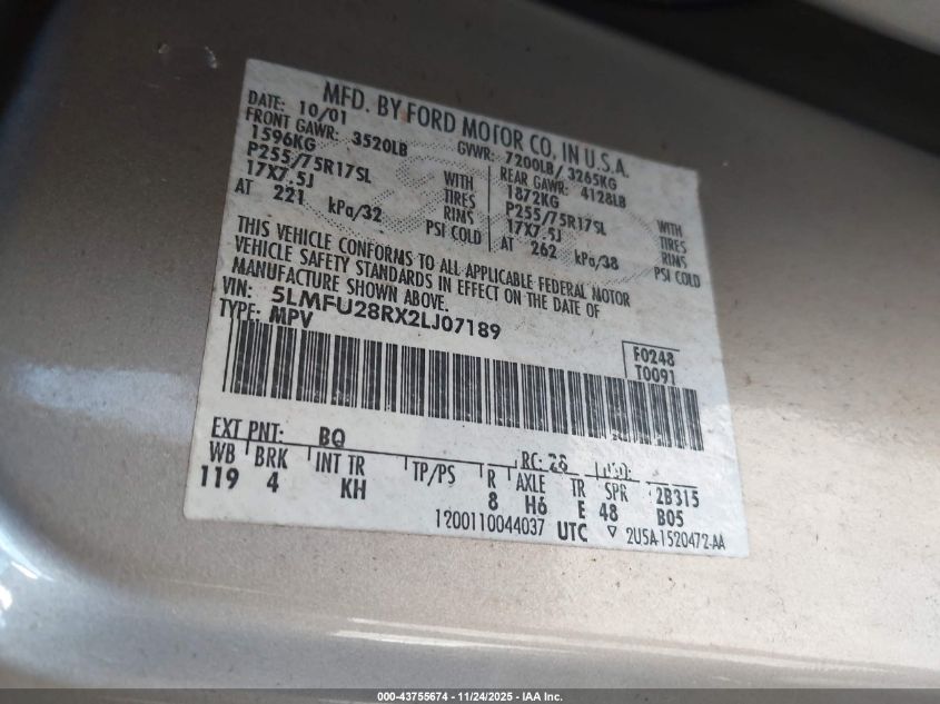 2002 Lincoln Navigator VIN: 5LMFU28RX2LJ07189 Lot: 43755674