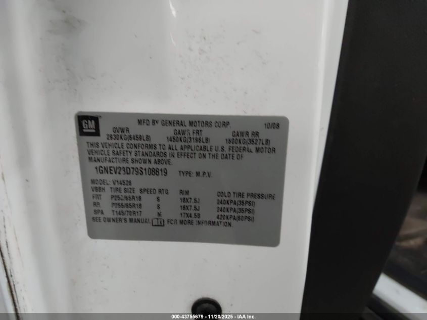2009 Chevrolet Traverse Lt VIN: 1GNEV23D79S108819 Lot: 43755679