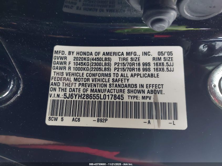 2005 Honda Element Ex VIN: 5J6YH28655L017845 Lot: 43755680