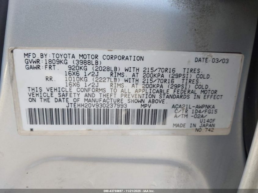 2003 Toyota Rav4 VIN: JTEHH20V930237993 Lot: 43755697