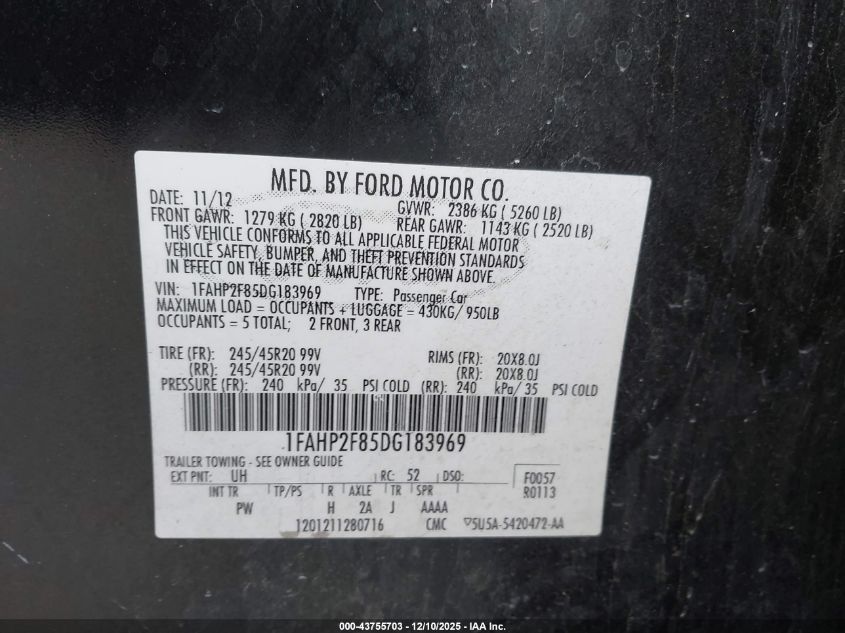 2013 Ford Taurus Limited VIN: 1FAHP2F85DG183969 Lot: 43755703