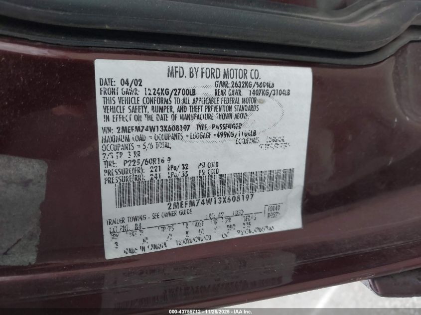 2003 Mercury Grand Marquis Gs VIN: 2MEFM74W13X608197 Lot: 43755712