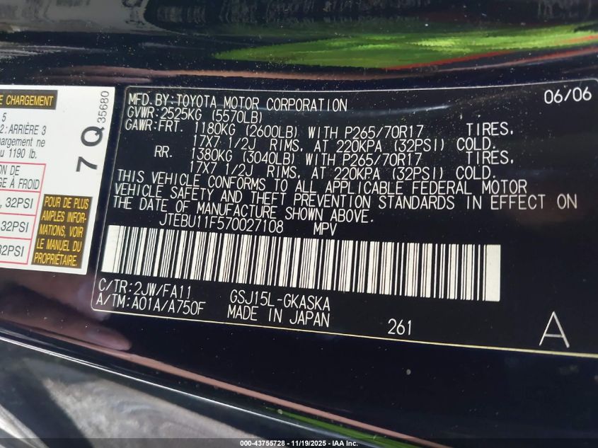 2007 Toyota Fj Cruiser VIN: JTEBU11F570027108 Lot: 43755728