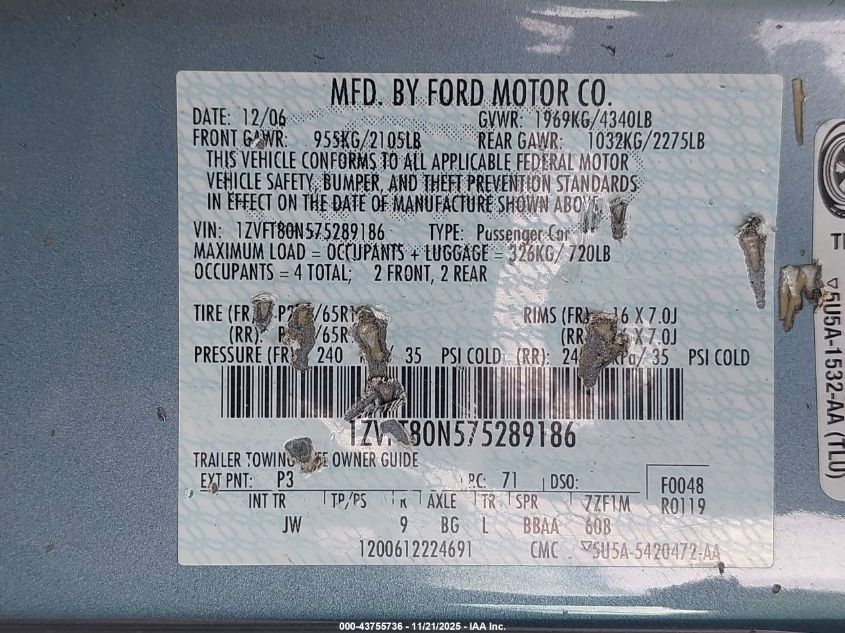 2007 Ford Mustang V6 Deluxe/V6 Premium VIN: 1ZVFT80N575289186 Lot: 43755736