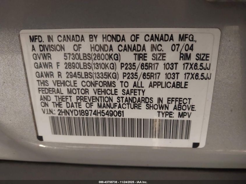 2004 Acura Mdx VIN: 2HNYD18974H549061 Lot: 43755738