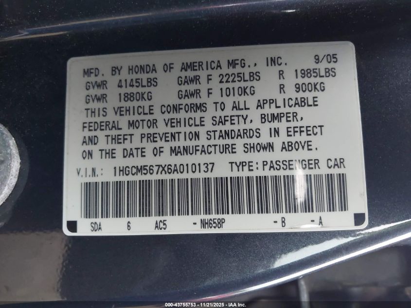2006 Honda Accord Sdn 2.4 Ex/Ex VIN: 1HGCM567X6A010137 Lot: 43755753
