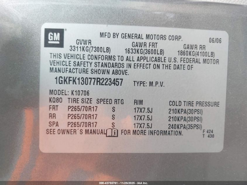 2007 GMC Yukon Slt VIN: 1GKFK13077R223457 Lot: 43755761