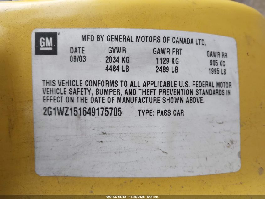 2004 Chevrolet Monte Carlo Supercharged Ss VIN: 2G1WZ151649175705 Lot: 43755766