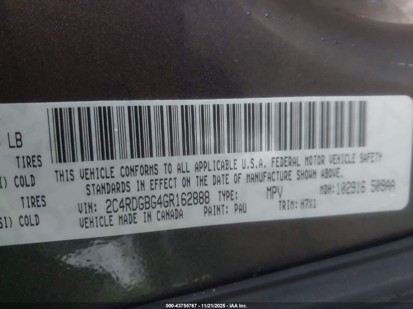 2016 Dodge Grand Caravan Se VIN: 2C4RDGBG4GR162888 Lot: 43755767