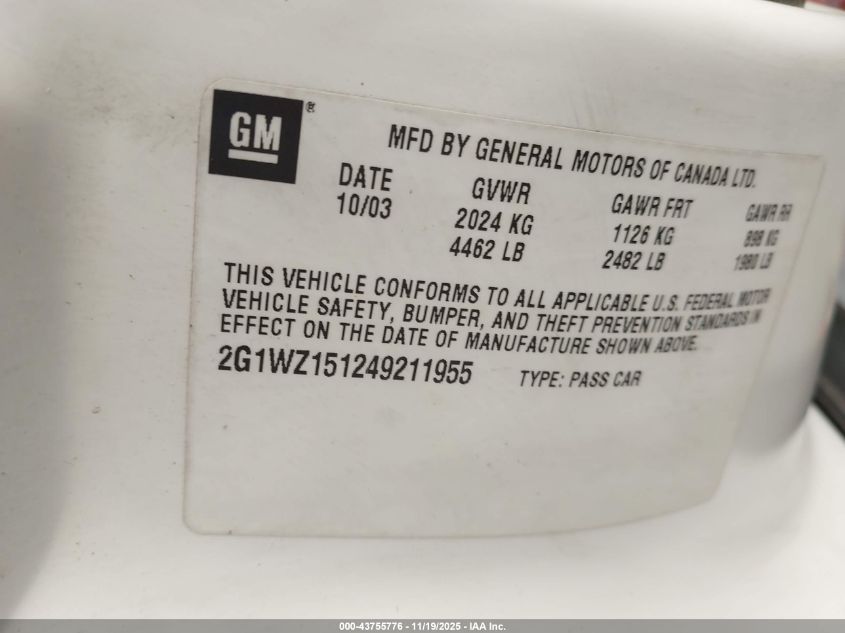 2004 Chevrolet Monte Carlo Supercharged Ss VIN: 2G1WZ151249211955 Lot: 43755776