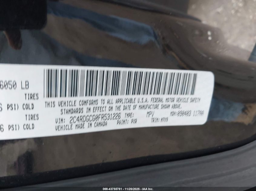 2015 Dodge Grand Caravan Sxt VIN: 2C4RDGCG0FR531226 Lot: 43755781