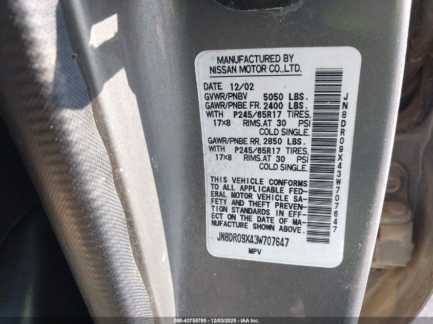 2003 Nissan Pathfinder Le VIN: JN8DR09X43W707647 Lot: 43755785