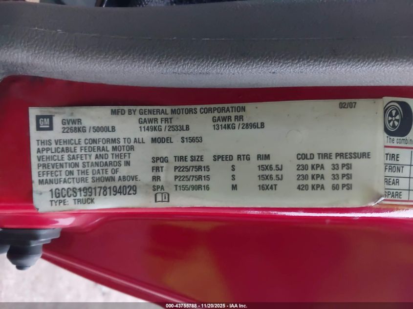 2007 Chevrolet Colorado Ls VIN: 1GCCS199178194029 Lot: 43755788