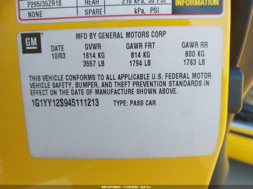 2004 Chevrolet Corvette Z06 Hardtop VIN: 1G1YY12S945111213 Lot: 43755803