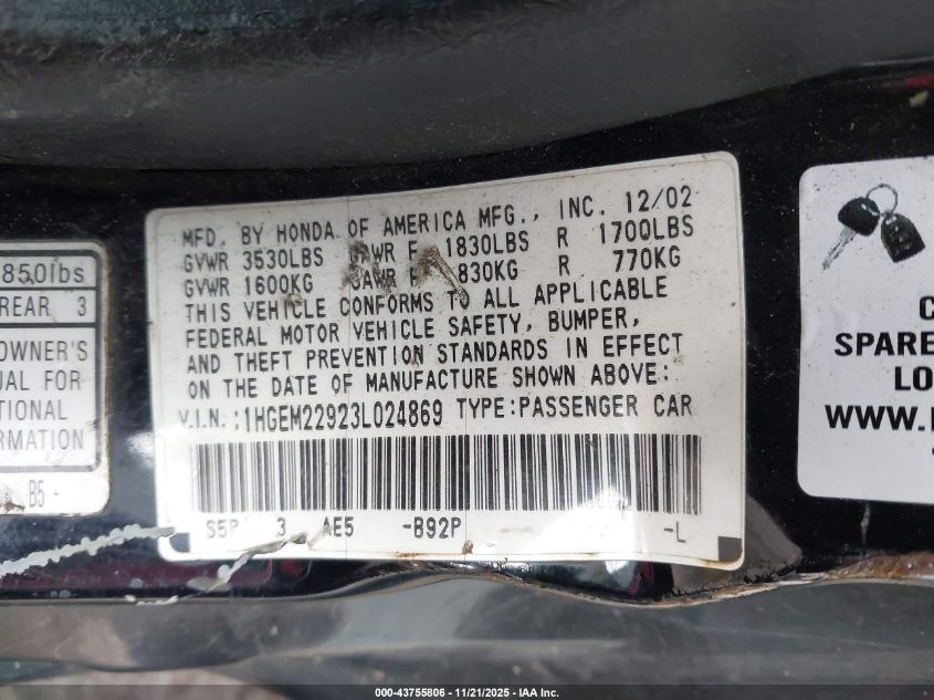 2003 Honda Civic Ex VIN: 1HGEM22923L024869 Lot: 43755806