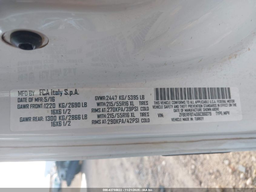 2016 Ram Promaster City Tradesman Slt VIN: ZFBERFBT4G6C86079 Lot: 43755822