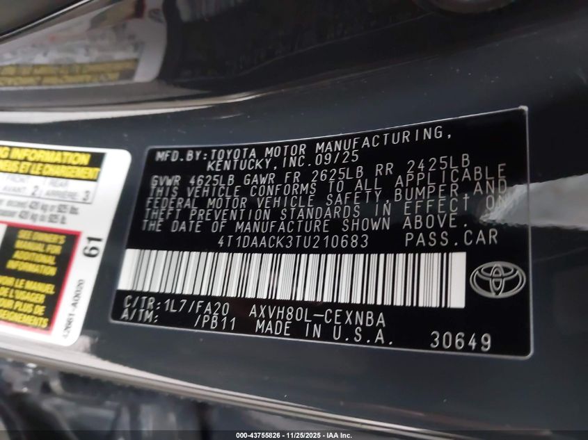 2026 Toyota Camry Le VIN: 4T1DAACK3TU210683 Lot: 43755826