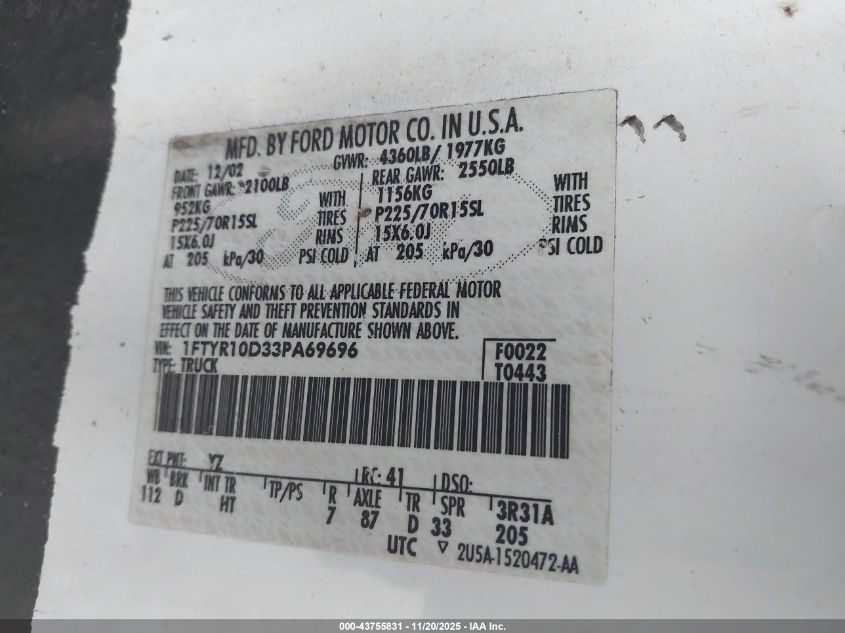 2003 Ford Ranger Xl/Xlt VIN: 1FTYR10D33PA69696 Lot: 43755831