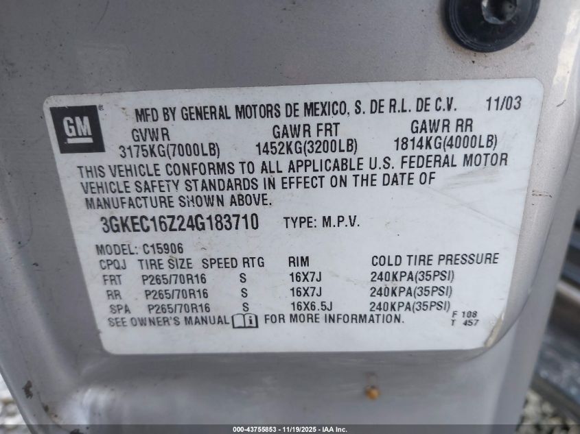 2004 GMC Yukon Xl 1500 Slt VIN: 3GKEC16Z24G183710 Lot: 43755853