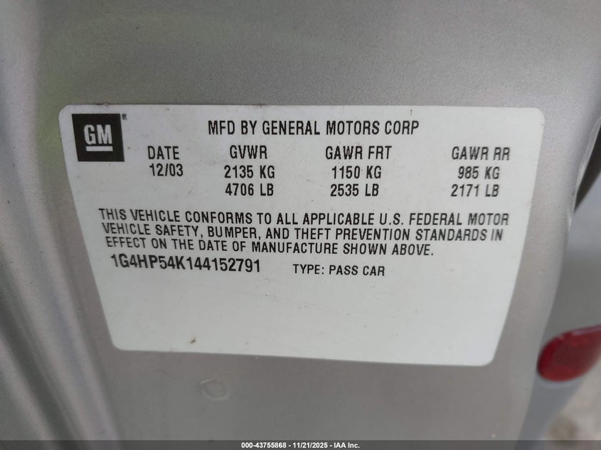 2004 Buick Lesabre Custom VIN: 1G4HP54K144152791 Lot: 43755868