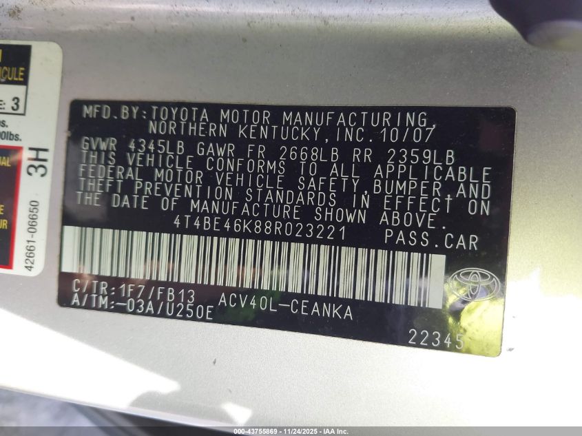 2008 Toyota Camry Le VIN: 4T4BE46K88R023221 Lot: 43755869