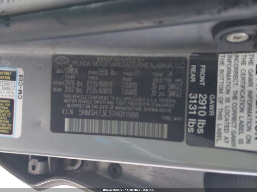 2007 Hyundai Santa Fe Limited/Se VIN: 5NMSH73E37H011988 Lot: 43755872