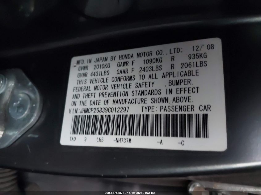 2009 Honda Accord 2.4 Ex-L VIN: JHMCP26839C012297 Lot: 43755878