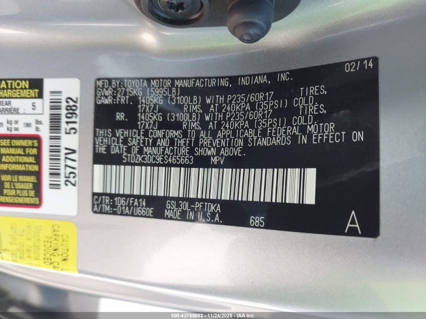 2014 Toyota Sienna L V6 7 Passenger VIN: 5TDZK3DC9ES465663 Lot: 43755883