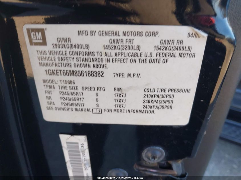 2005 GMC Envoy Xl Denali VIN: 1GKET66M856188382 Lot: 43755892