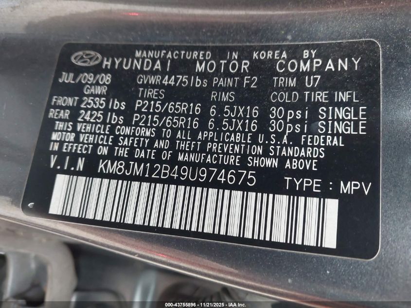 2009 Hyundai Tucson Gls VIN: KM8JM12B49U974675 Lot: 43755896