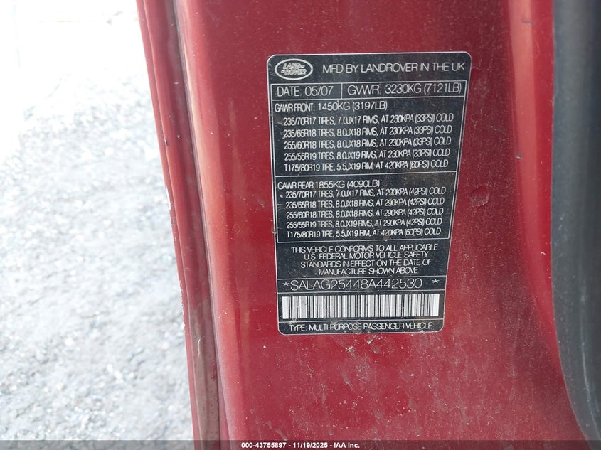 2008 Land Rover Lr3 V8 Hse VIN: SALAG25448A442530 Lot: 43755897