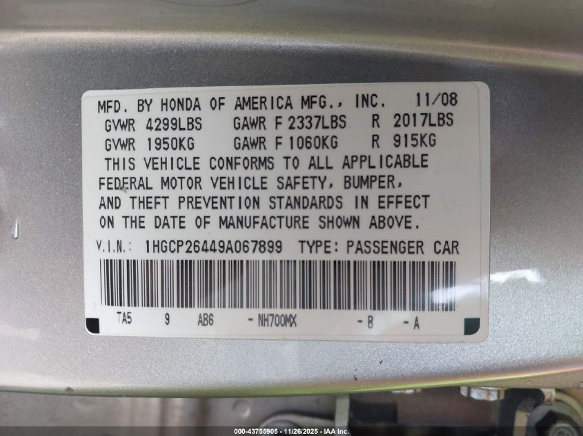 2009 Honda Accord 2.4 Lx-P VIN: 1HGCP26449A067899 Lot: 43755905
