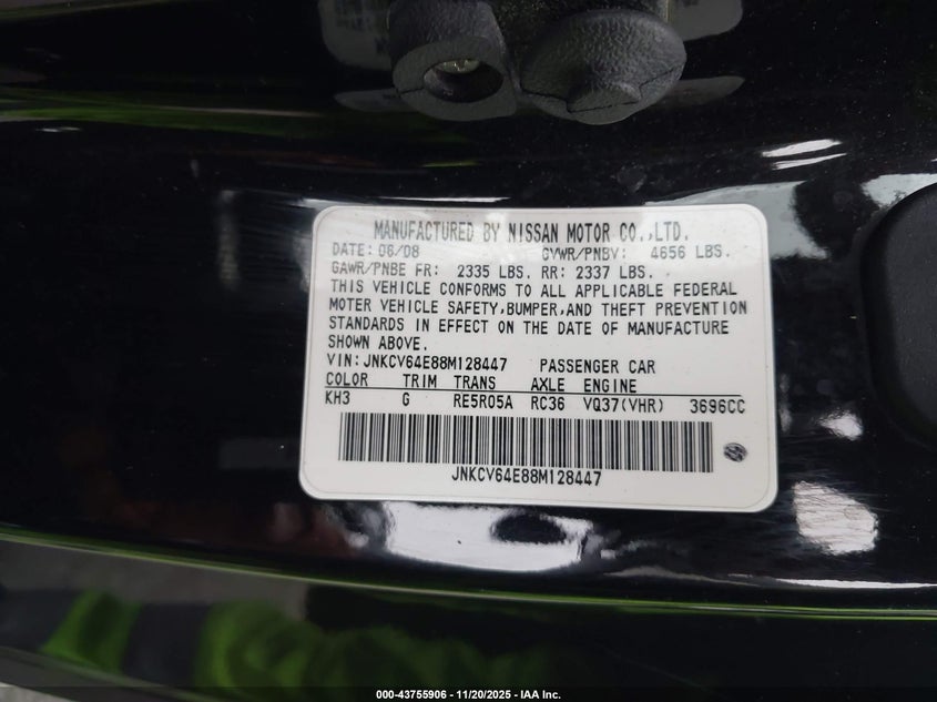 2008 Infiniti G37 Journey VIN: JNKCV64E88M128447 Lot: 43755906