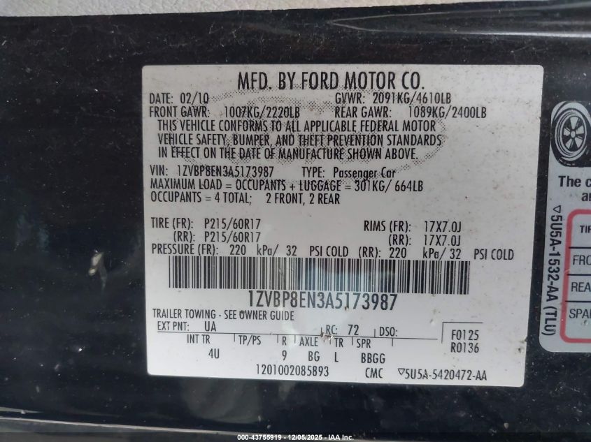 2010 Ford Mustang V6 Premium VIN: 1ZVBP8EN3A5173987 Lot: 43755919