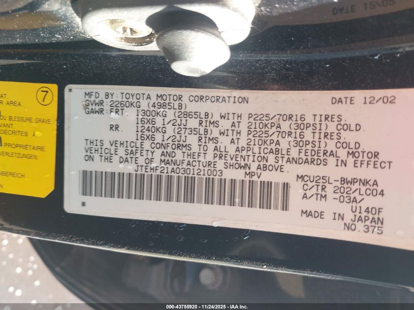 2003 Toyota Highlander Limited V6 VIN: JTEHF21A030121003 Lot: 43755920