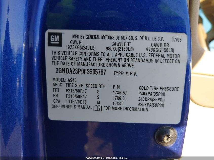 2006 Chevrolet Hhr Lt VIN: 3GNDA23P96S505787 Lot: 43755921