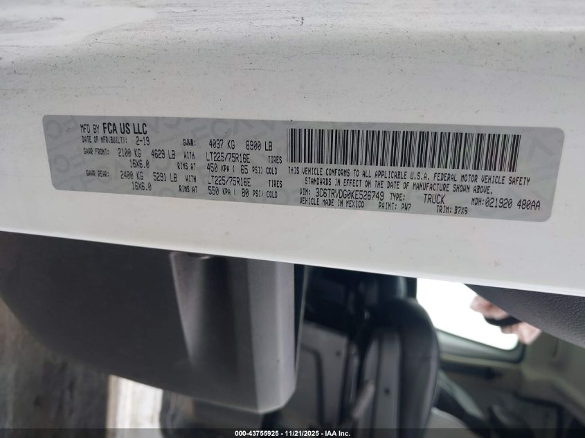 2019 Ram Promaster 2500 High Roof 159 Wb VIN: 3C6TRVDG0KE526749 Lot: 43755925