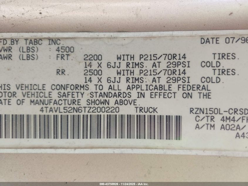 1996 Toyota Tacoma Xtracab VIN: 4TAVL52N6TZ200220 Lot: 43755926