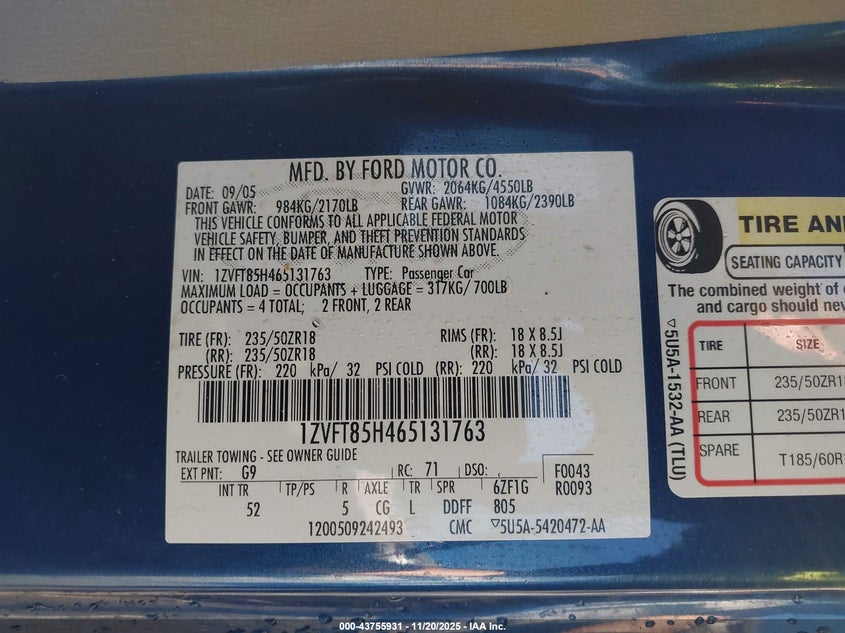 2006 Ford Mustang Gt VIN: 1ZVFT85H465131763 Lot: 43755931